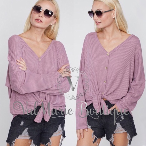 FIRESIDE ROMANCE Mauve waffle-knit button top - Picture 6 of 6
